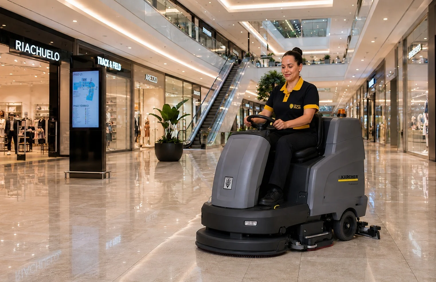 Profissional de limpeza do Grupo RCR em shopping center